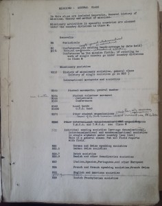 Inside of typescript "Classification of the Union Theological Seminary Library New York City...Sections revised and applied to Books in the Reference Room before 1920": Union Theological Seminary Archives, Series 2, UTS Records, Burke Library at Union Theological Seminary, Columbia University in the City of New York.