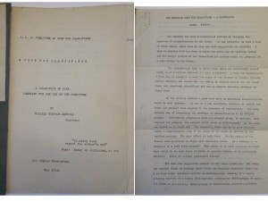 ALA Committee on code for classifiers "A Code for Classifiers: A collection of data compiled for the use of the commitee," by William Stetson Merrill, May 1914 and Julia Pettee's typed reaction to the proposed code, 1914?: Union Theological Seminary Archives, Series 2, UTS Records, Burke Library at Union Theological Seminary, Columbia University in the City of New York.