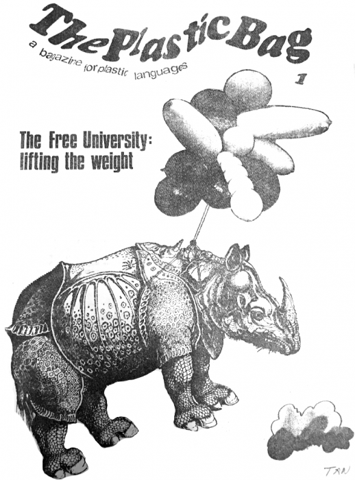 Image is the cover of a student publication called The Plastic Bag from 1968, image shows a rhinoceros being lifted by balloons with the title "the free university: lifting the weight"