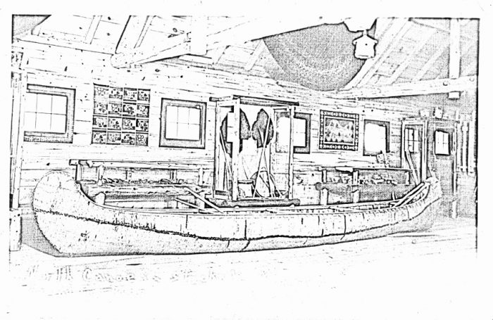 Page from the Color Our Collections 2019 coloring book of the Grand Portage National Monument Archives. Image is a black-and-white edited photograph of a room in a museum featuring a birch bark canoe and indigenous artwork from Minnesota.