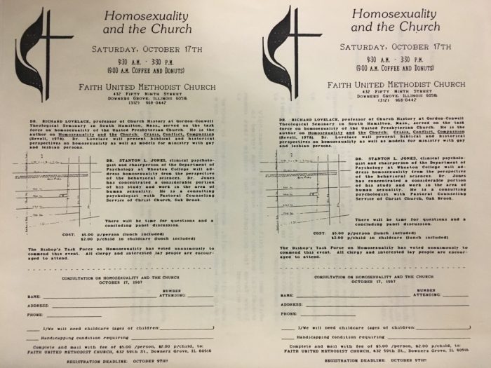 "Homosexuality and the Church" event description page, on the verso of a typewritten document of research notes, from the emilie m. townes papers, series 2, box 2, folder 3, Archives of Women in Theological Scholarship, the Burke Library at Union Theological Seminary, Columbia University in the City of New York.