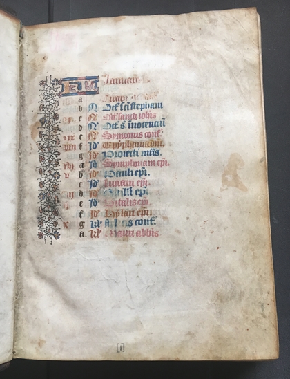 UTS MS 051, f1r, January in the calendar of the manuscript, a Book of Hours. From the Burke Library at Union Theological Seminary, Columbia University in the City of New York. 