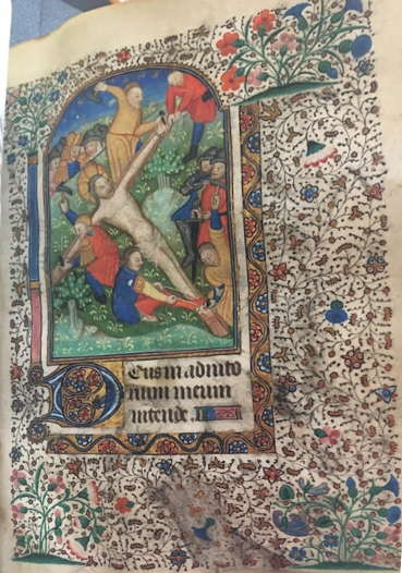 UTS MS 051, f62r. An illumination depicting a crucifixion scene. From the Burke Library at Union Theological Seminary, Columbia University in the City of New York. 