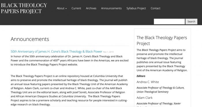 Screenshot of the Black Theology Papers Project website, noting the 50th Anniversary of James H. Cone' book, Black Theology & Black Power