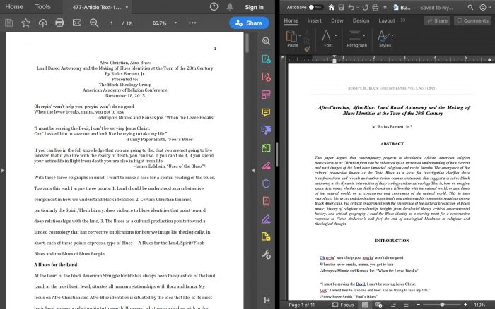 split computer screen with on the left a pdf unformatted form of authors document (here, M. Rufus Burnett Jr.’s paper, entitled “Afro-Christian, Afro-Blue: Land Based Autonomy and the Making of Blues Identities at the Turn of the 20th Century”) and on the right a word document with the paper formatted in the journal template