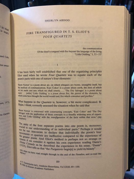 Photo of a book page, chapter by Sherlyn Abdoo titled, "Fire Transfigured in T.S. Eliot's Four Quartets," beginning with the line from Eliot, "the communication / Of the dead is tongued with fire beyond the language of the living" (from "Little Gidding") 