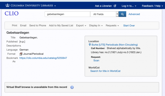 Screenshot of the CLIO Catalog record for "Gebetsanliegen," 1921-22, indicating its location among the Burke UTS Periodicals