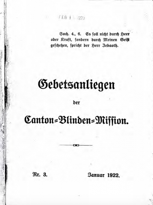 Cover of a 1922 issue of "Gebetsanliegen der Canton-Blinden-Mission" housed at the Burke Library. Item record at: https://clio.columbia.edu/catalog/5255647