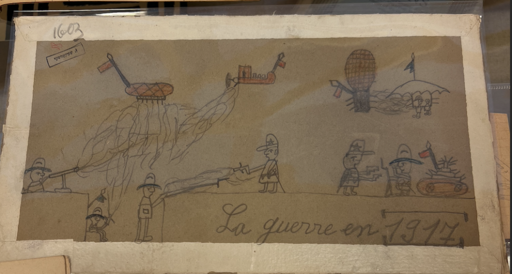 Child's drawing featuring soldiers fighting in a trench, tanks, airships, and the text "La Guerre en 1917"