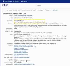 text showing the online catalog records for two oral history interviews; a yellow outline box marks that one interview has audio but the other only has a transcript