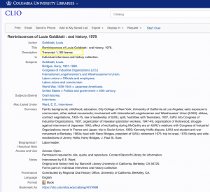 text showing the online catalog records for two oral history interviews; a yellow outline box marks that one interview has audio but the other only has a transcript