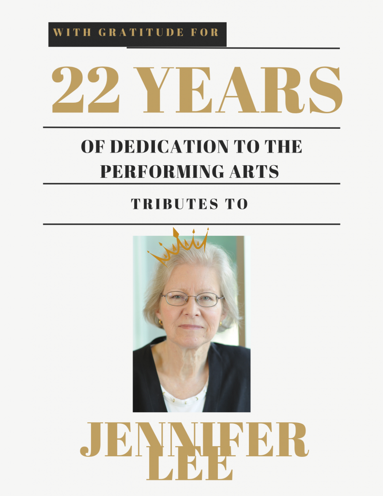 photo of woman with white hair black blazer and text reading with gratitude for 22 years of dedication to archiving the performing arts tributes to Jennifer Lee