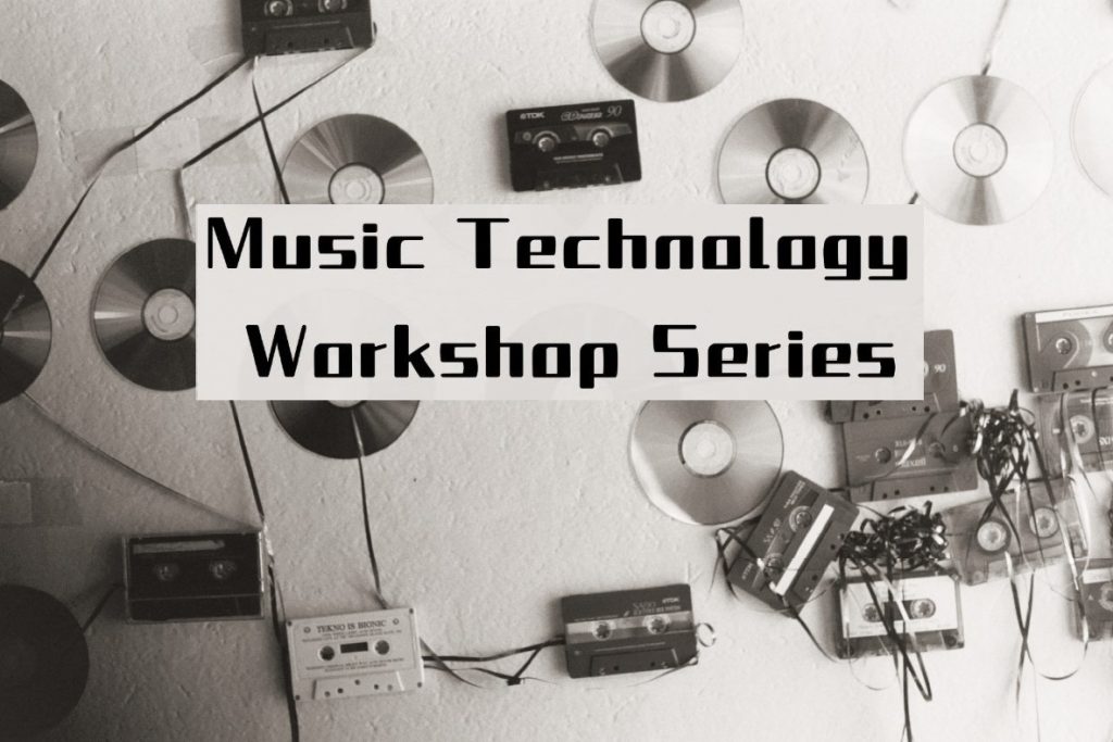 music technology workshop series - graphic in Jurassic music tech style