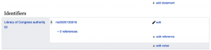 View of the "identifiers" panel, including the LC/NAF identifier, in a Wikidata item