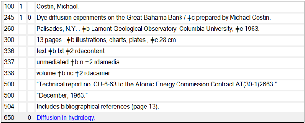 An image of a MARC record for one of the LDEO Technical Reports