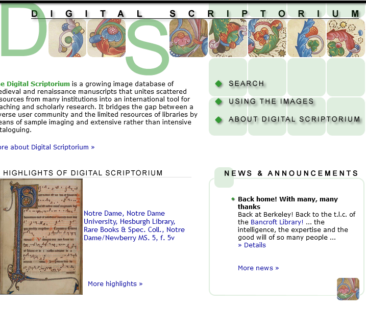 Screen grab of an archived version of the Digital Scriptorium home page, from October 2011, taken from Internet Archive