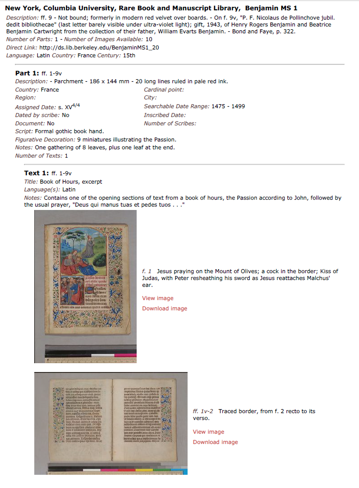 Image of Columbia University Rare Book and Manuscript Library, Manuscript Benjamin MS1, illustrating the Digital Scriptorium 1.0 data model